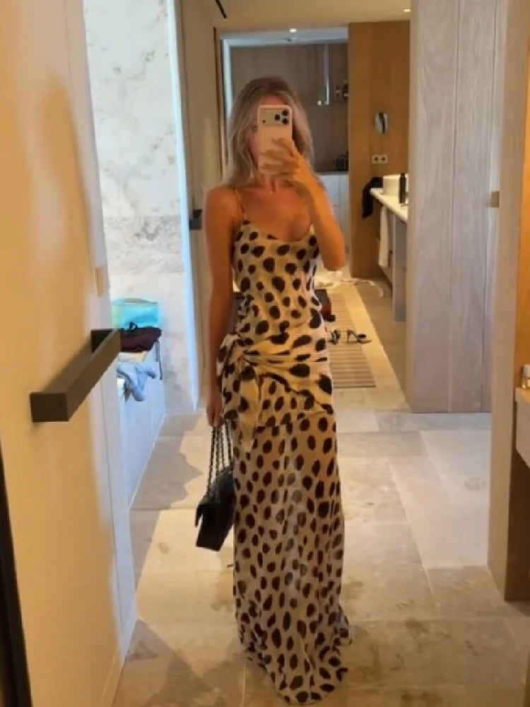 Women's Elegant Animal Print Maxi Dress with Detachable Scarf – Spaghetti Strap, Tie Waist, Slim Fit, Sleeveless Long Dress for Summer, Vacation, Party & Holiday