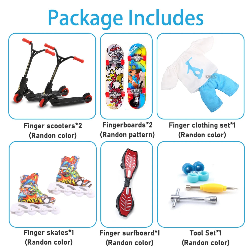 MEOA Mini Finger Skateboard and Scooter Set with Roller Skates, Drift Board, Replacement Wheels, Tools and Finger Clothing