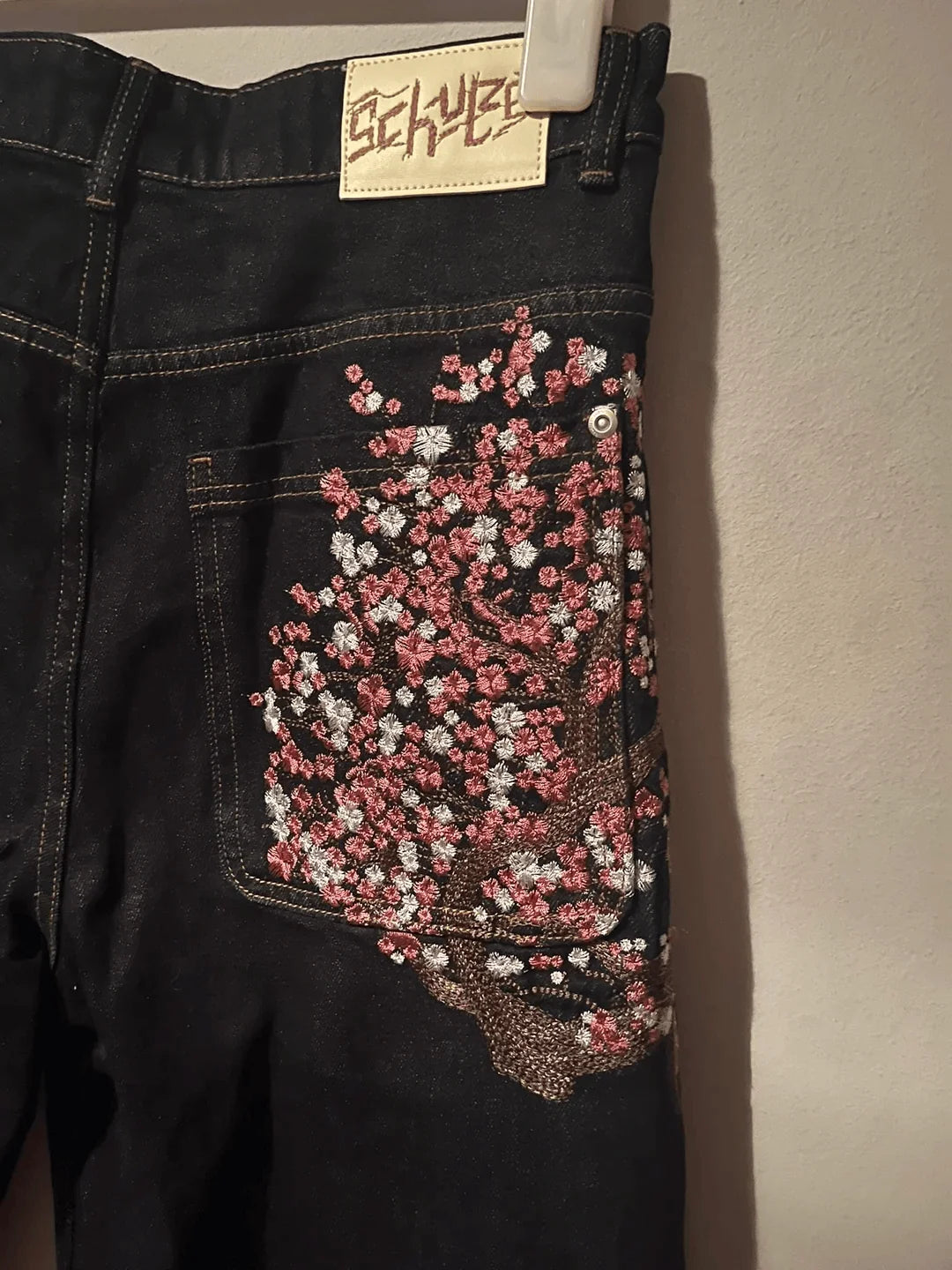 Embroidered Denim Jeans with Cherry Blossom, Dragon and Graphic Designs