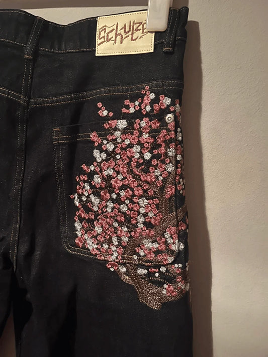Embroidered Denim Jeans with Cherry Blossom, Dragon and Graphic Designs