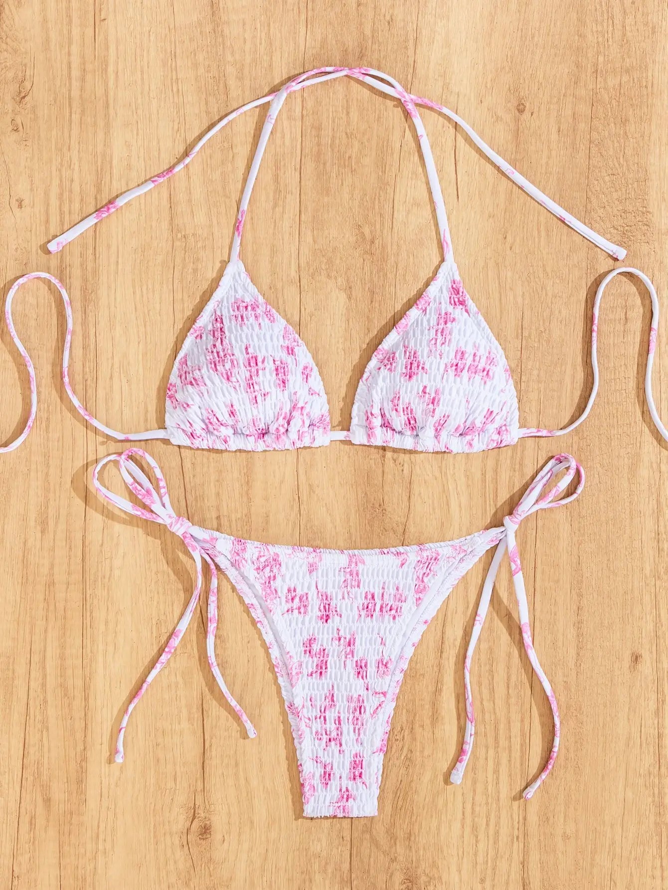 Women’s Blue Floral Print 2-Piece Bikini Set – Push-Up Bra and Thong Swimsuit for Beach and Swimwear