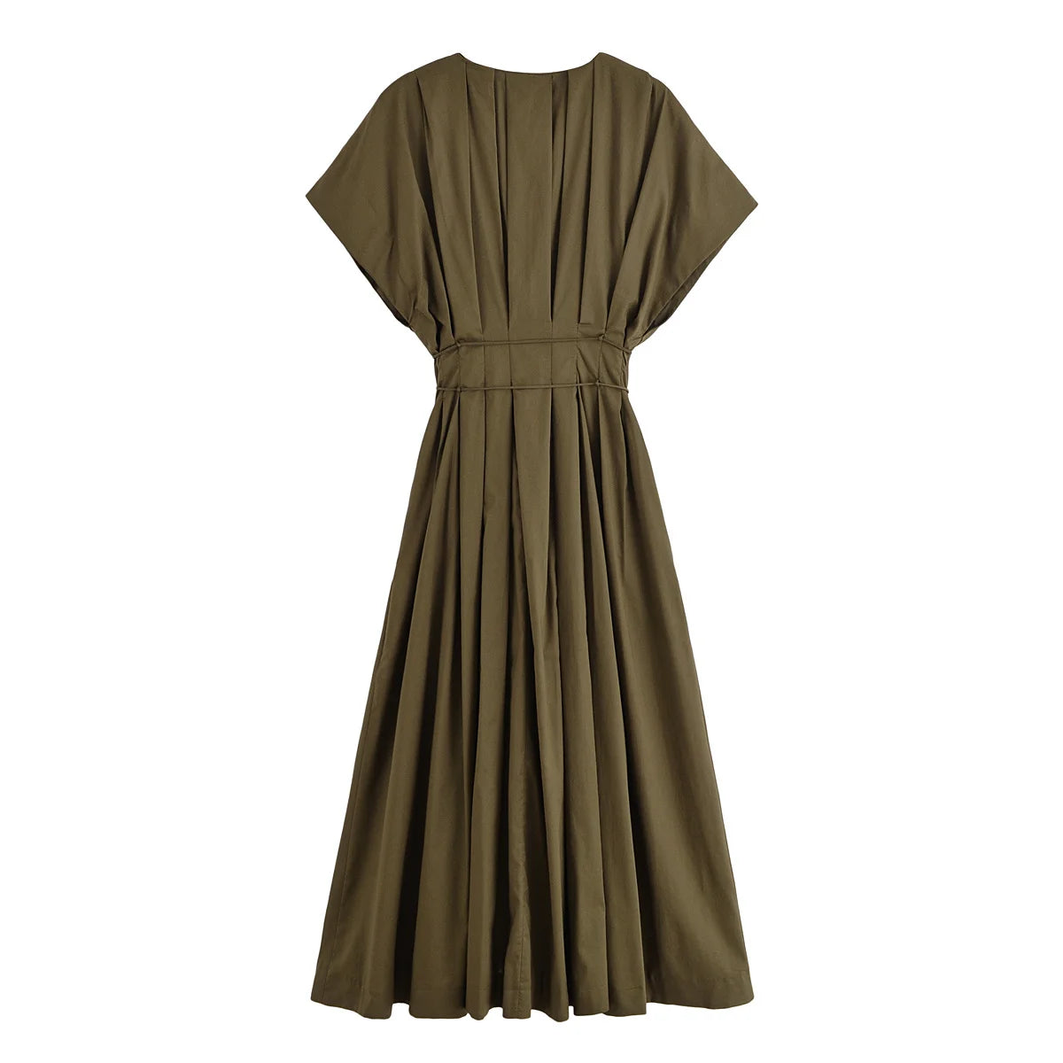 Women's Elegant V-Neck Long Dress – Short Sleeve Lace-Up Bow Waist Casual Dress
