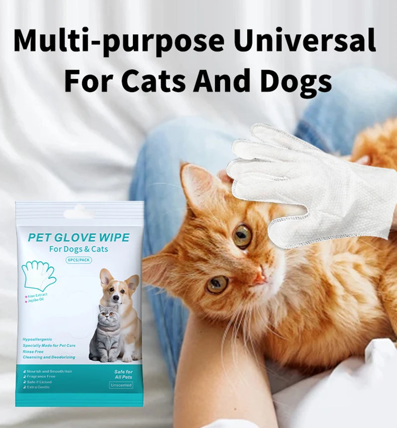 6PCS Pet Cleaning Gloves – Wash-Free Deodorizing Wipes for Cats & Dogs, Disposable Dry Bath Grooming Gloves
