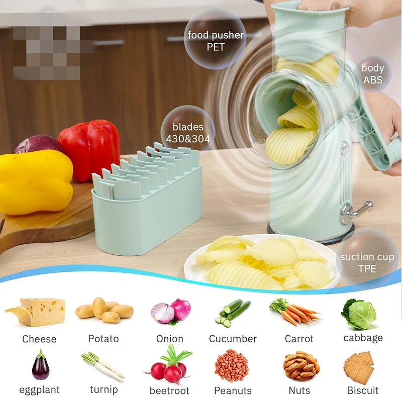 Rotary Cheese Grater with Hand Crank – 5-in-1 Kitchen Shredder & Slicer with Replaceable Stainless Steel Blades for Cheese, Vegetables & More