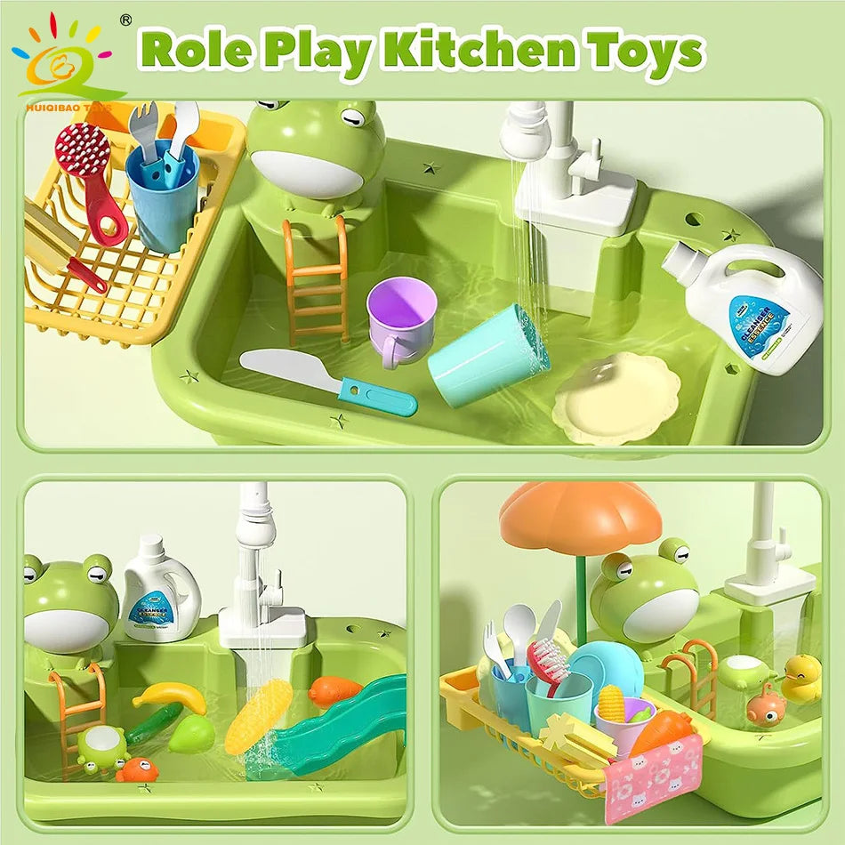 Kids Electric Dishwasher Toy with Kitchen Sink, Pretend Play Dish Washing Set, Educational Role Play Kitchen Toy for Children