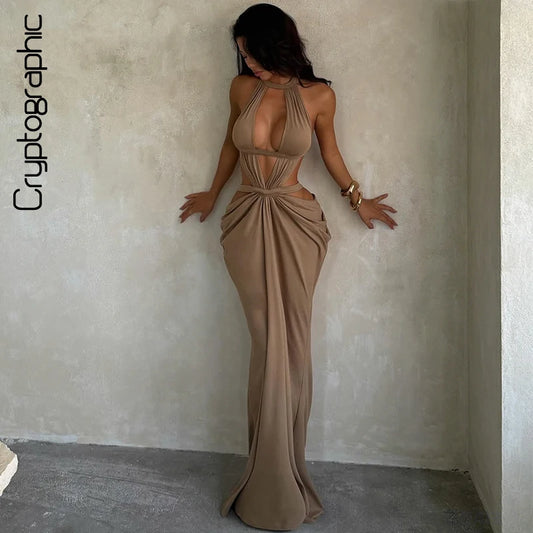 Women's Halter Cut-Out Backless Maxi Dress, Sleeveless Floor-Length