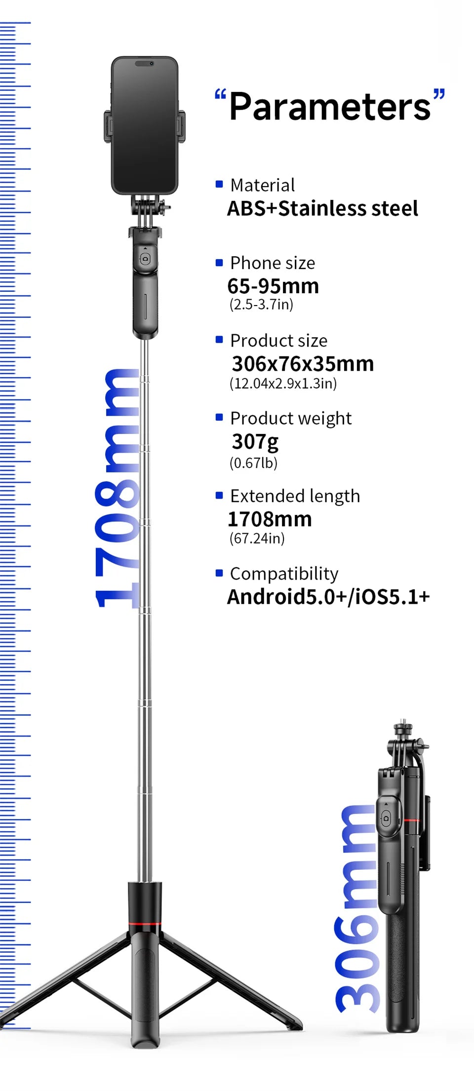 Wireless Selfie Stick Tripod with Bluetooth Remote and Fill Light