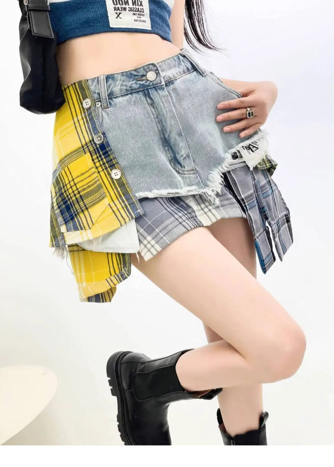 Vintage Plaid Denim Splicing Asymmetrical A-Line Mini Skirt