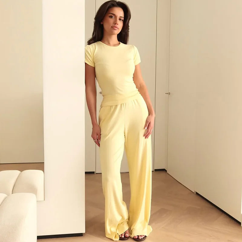 Women’s Casual Two-Piece Set – Slim O-Neck Short Sleeve T-Shirt & Elastic Waist Long Pants, Summer & Autumn Solid Outfits