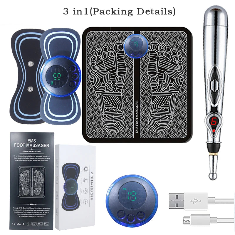 Compact Full Body Massage Set – Foot Pad, Precision Massage Pen & Adhesive Patch for Neck, Back & Targeted Relief