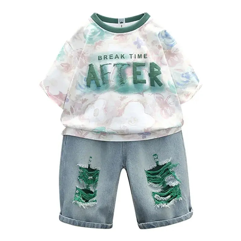 2025 Kids Clothing Boys' summer outfit set new stylish children's short sleeved letter T-shirt denim shorts 2-piece set