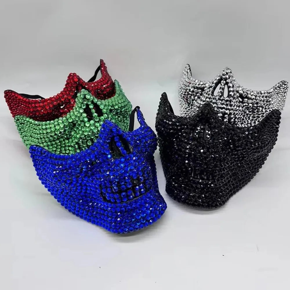 Rhinestone Skull Half-Face Costume Mask for Adults, Sparkling Gothic Punk Masquerade Accessory for Halloween, Cosplay and Themed Parties