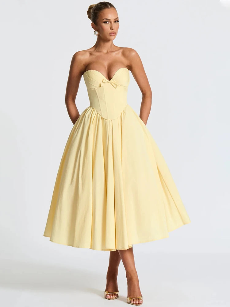 Elegant Off-Shoulder Strapless Midi Dress for Women – Sleeveless, Backless, A-Line Party Dress with Bow Detail