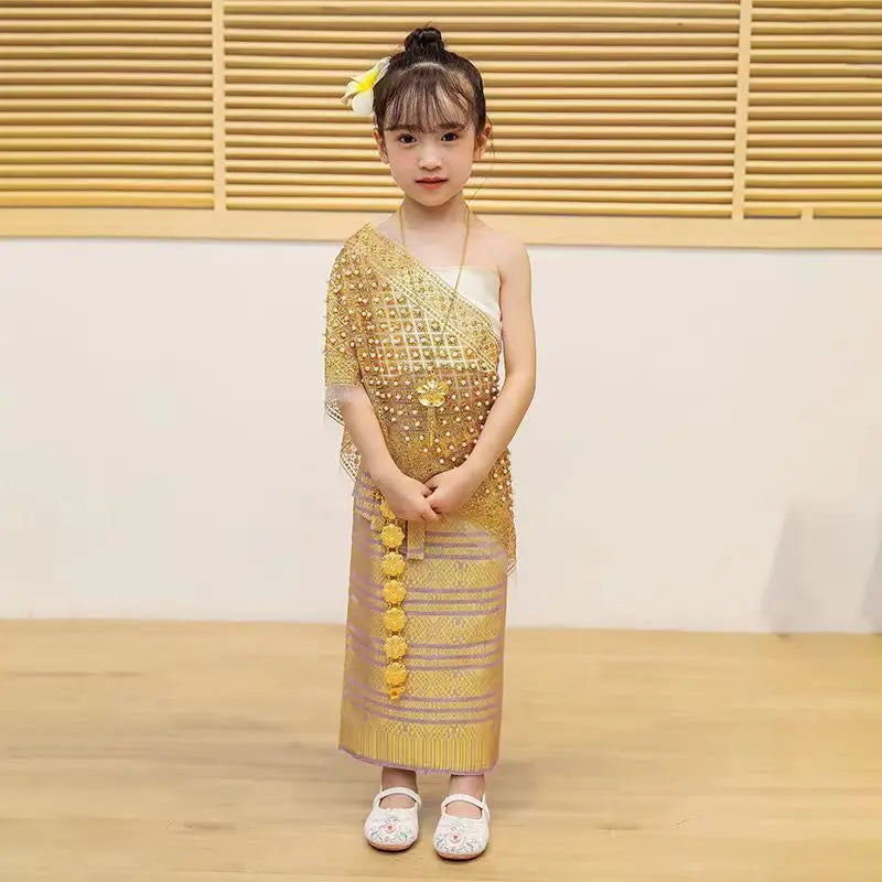 Girls’ Thai Traditional Festival Dress – Bride & Dai Minority Costume with Gilded Yarn, Travel & Party Outfit