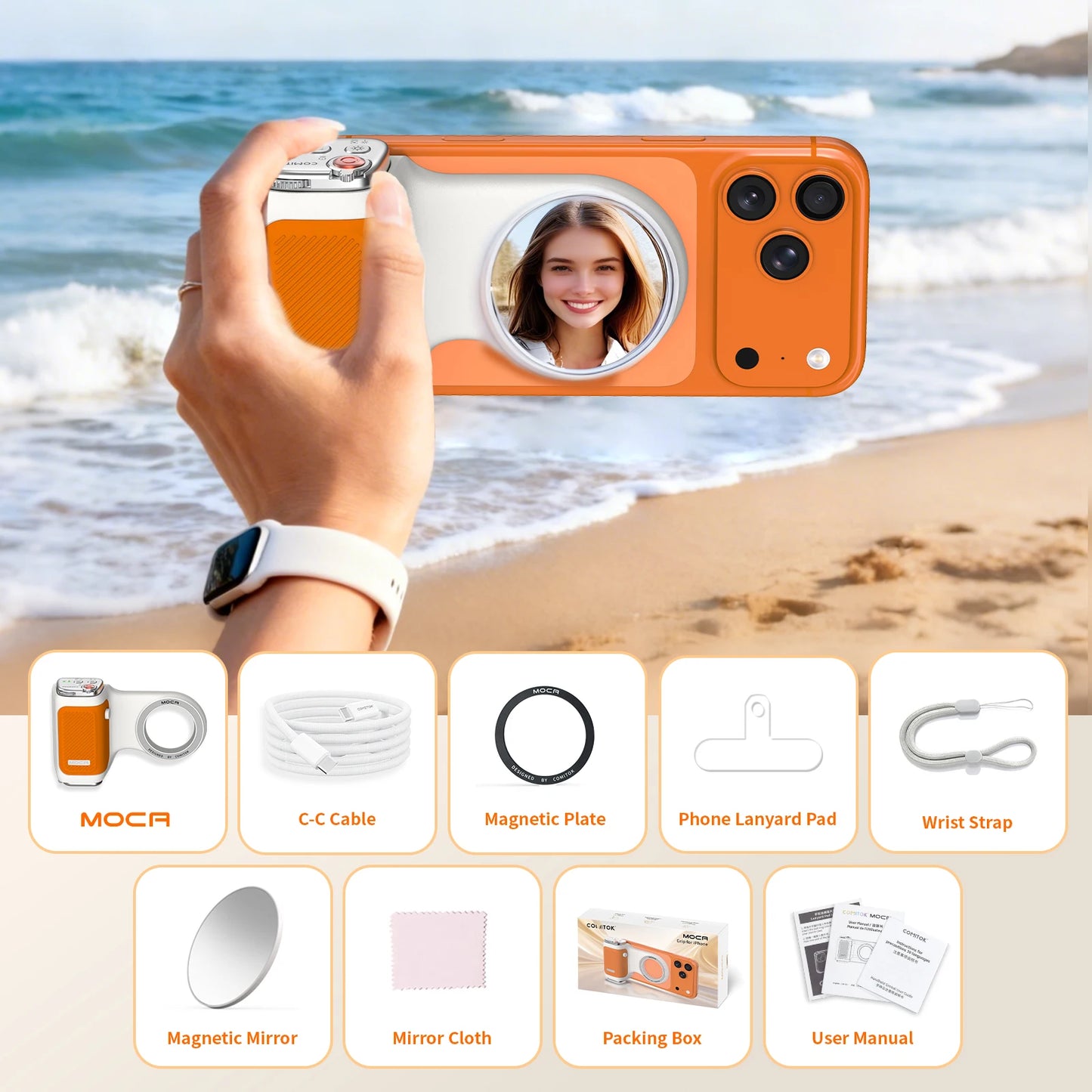 iPhone Camera Assistant with 1-Click Lens Flip Shutter Grip, Detachable Charging Remote, Optional Fill Light & Mirror for Smartphones