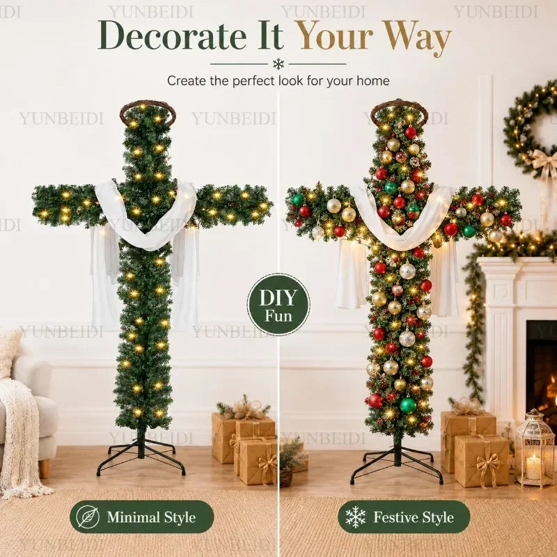 Cross-Shaped Artificial Christmas Tree with Metal Stand, 150 or 180 cm Green PVC Religious Holiday Decoration with Optional USB Lights