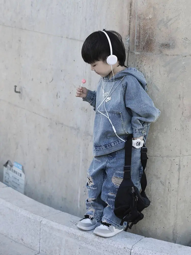 Jacket Hoodies + Jeans 2 Pcs Set Autumn Spring Vintage Children’s Clothing Boy Denim Hole Pants Kids Hooded Pullover Top