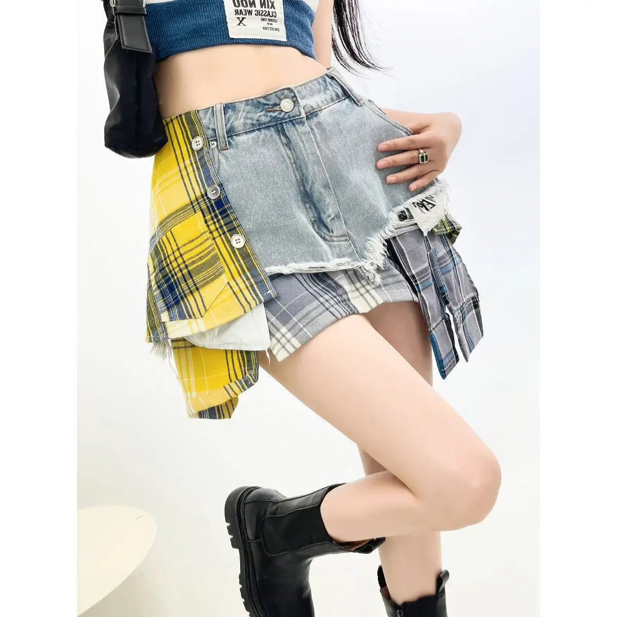 Vintage Plaid Denim Splicing Asymmetrical A-Line Mini Skirt