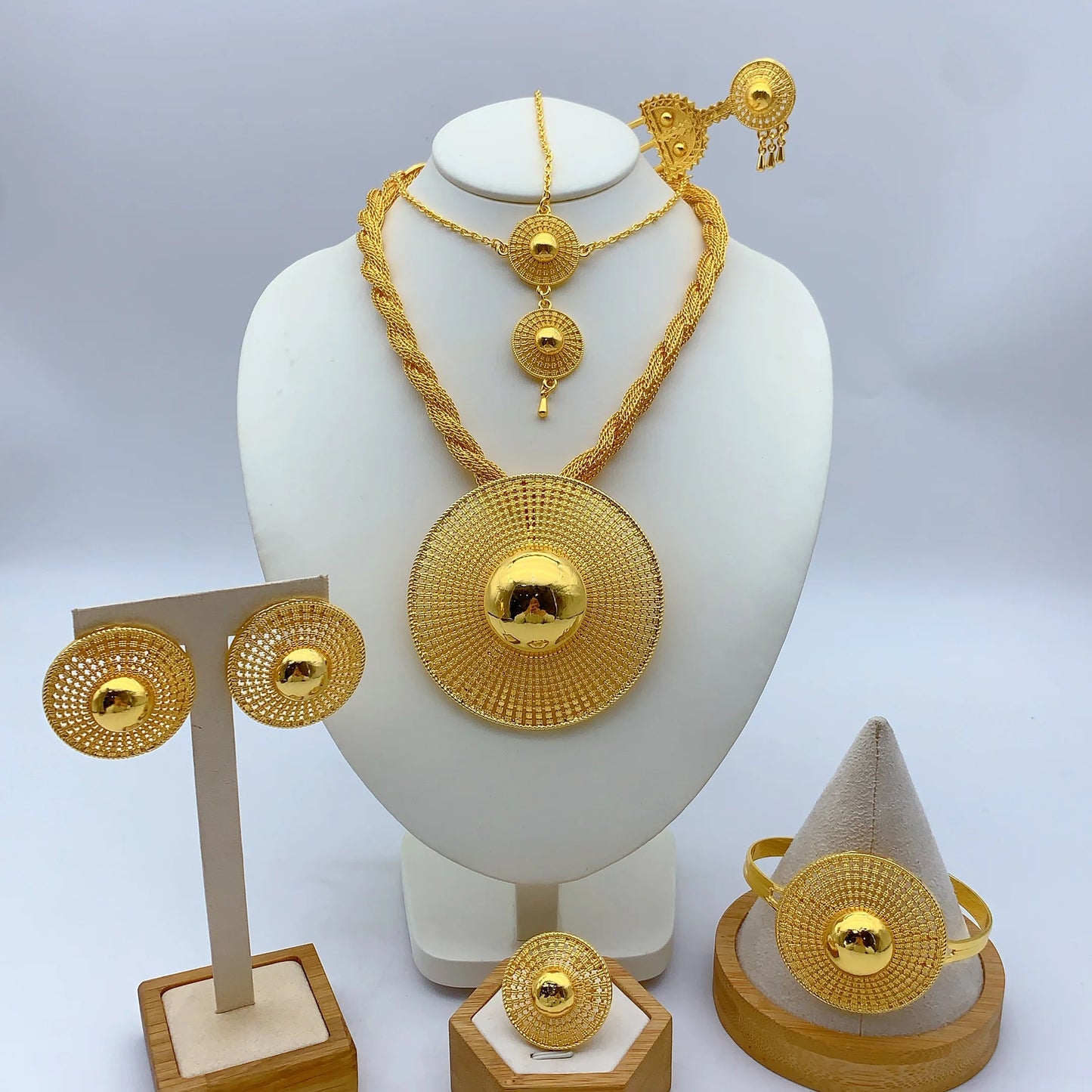 African Ethiopian Eritrean Habesha 24K Gold-Plated Flower Pendant 6-Piece Jewelry Set