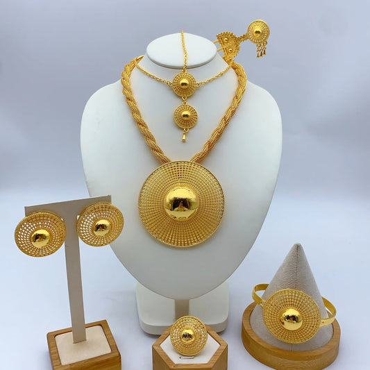 African Ethiopian Eritrean Habesha 24K Gold-Plated Flower Pendant 6-Piece Jewelry Set