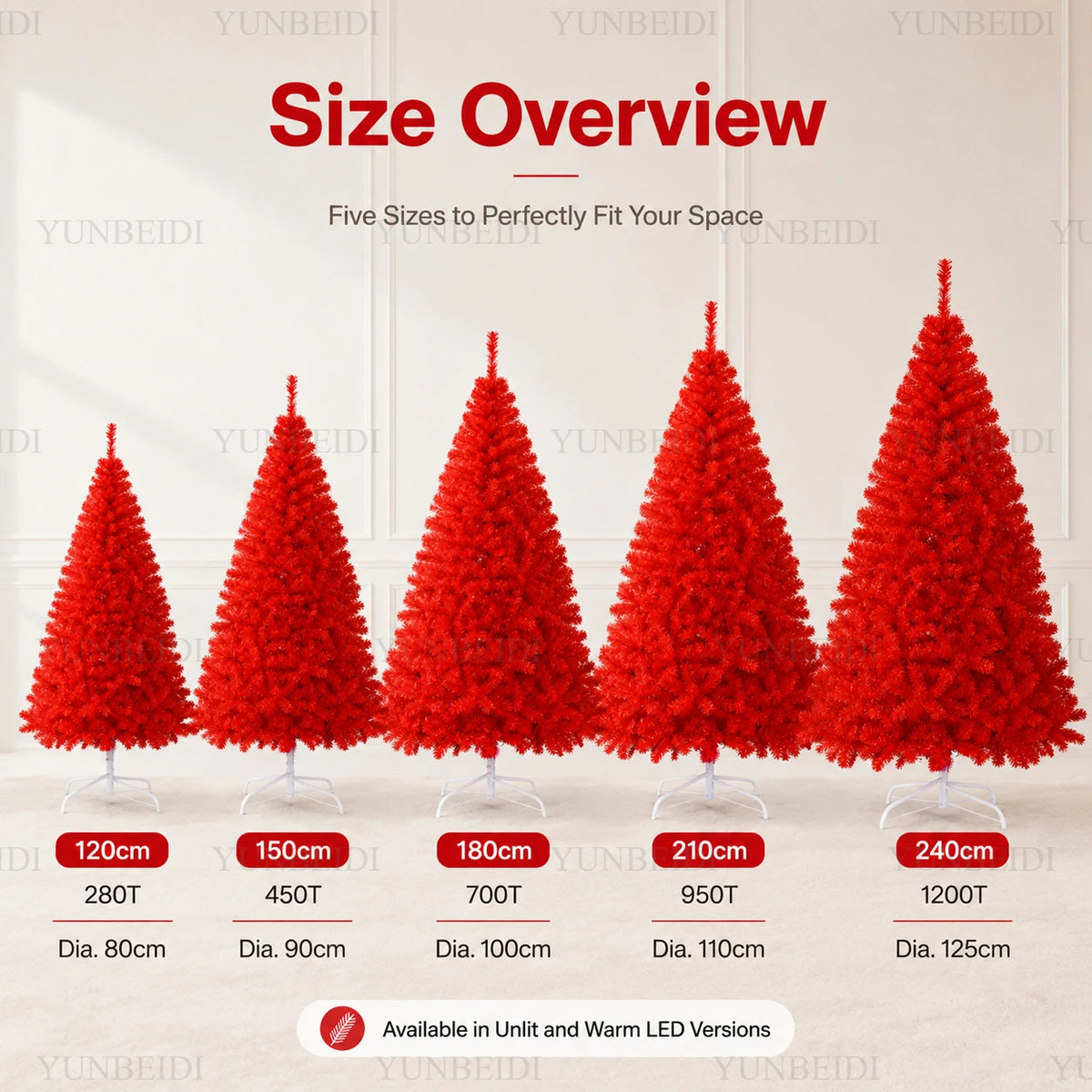 Red Artificial Christmas Tree, 120–240 cm PVC Holiday Tree with Optional Warm White USB LED Lights for Indoor Decorating