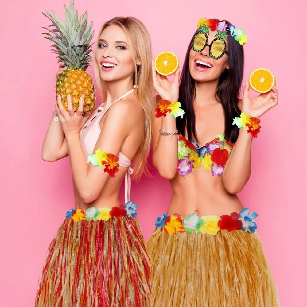 8-Piece Hawaiian Hula Costume Set – Grass Skirt, Flower Lei Necklace, Headband, Anklets & Bracelets for Parties and Dress-Up