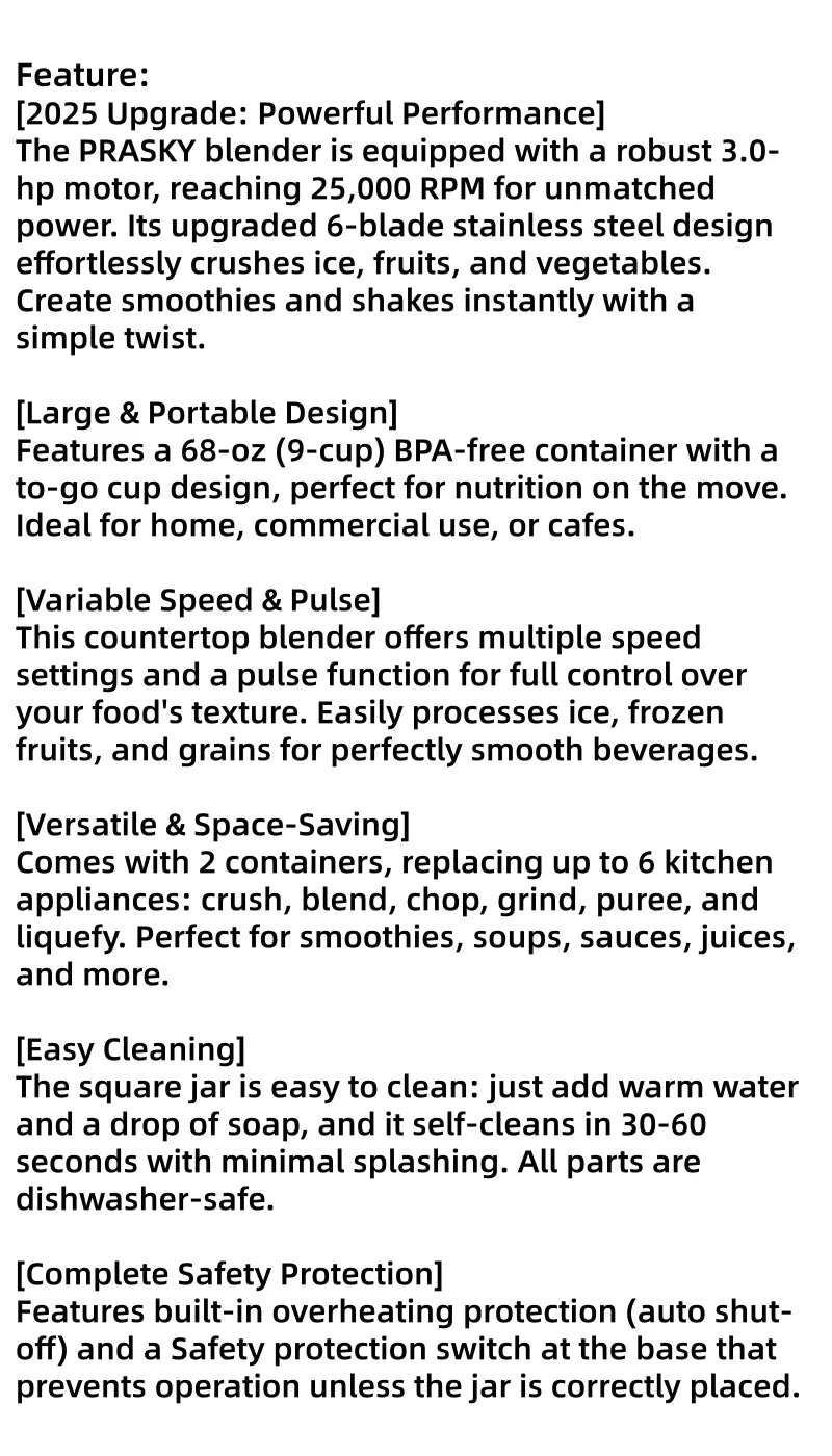 PRASKY 2400W Professional Blender & Grinder Combo – 25,000 RPM High-Speed Kitchen Blender, 68oz BPA-Free Pitcher, 2 Containers, Ice Crusher for Smoothies, Shakes & Frozen Drinks