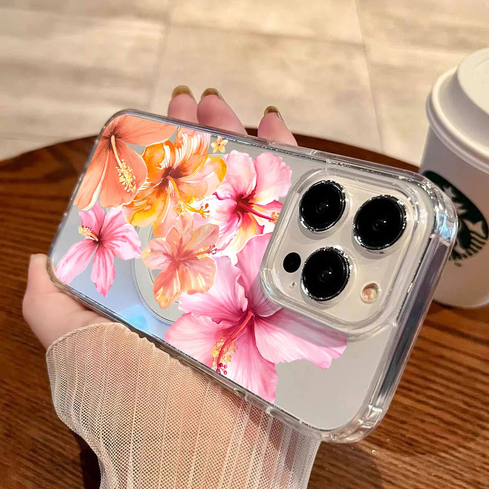 Pink Lily Cherry Blossom Magnetic Clear Phone Case for iPhone