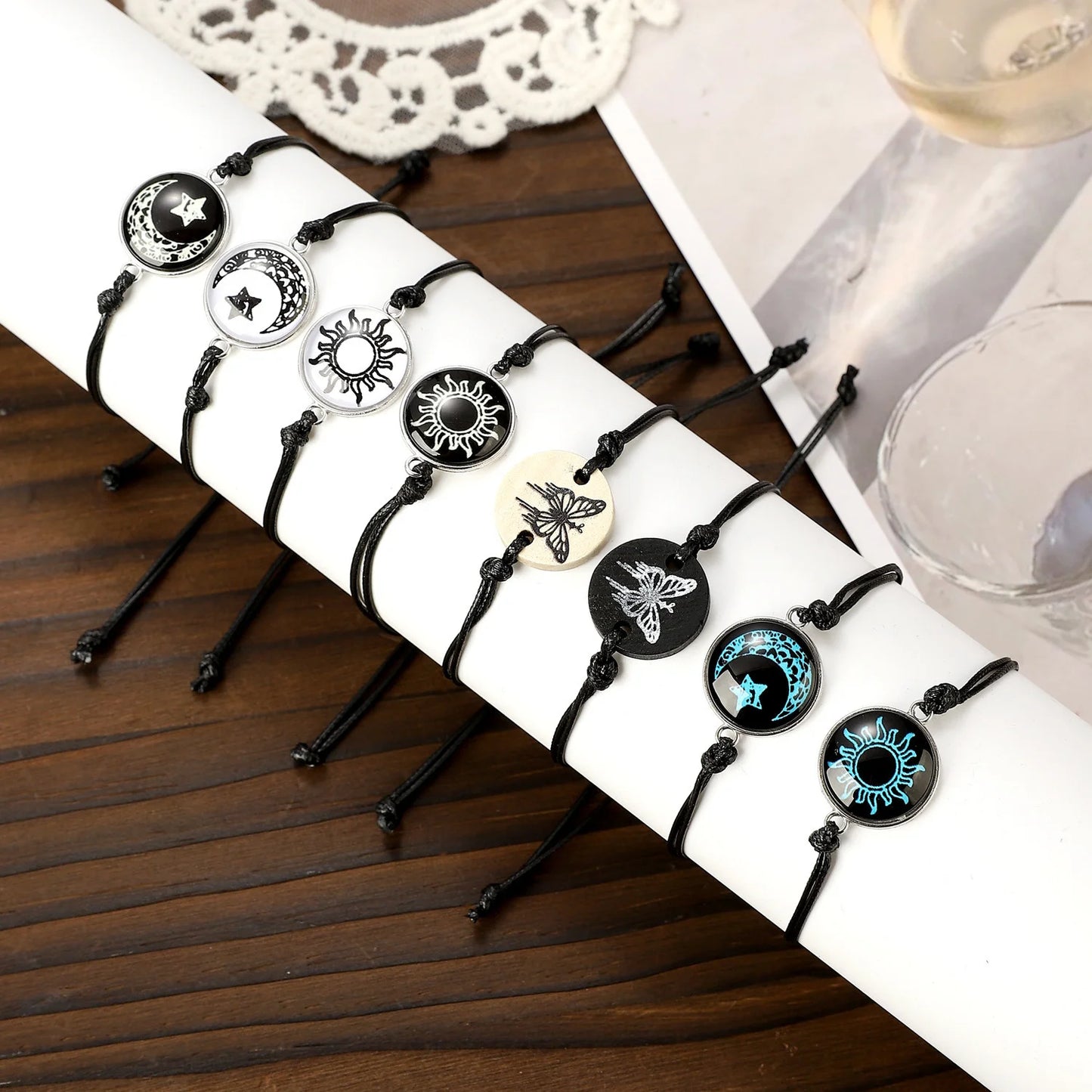 Adjustable Glow-in-the-Dark Rope Bracelet – Butterfly, Sun & Moon Luminous Jewelry for Couples and Friends