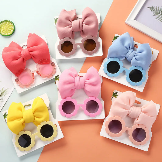 Baby Sunglasses with Hair Band Set Girls Kids Children Cute Cool Glasses Bows Headband for 0-3 Years