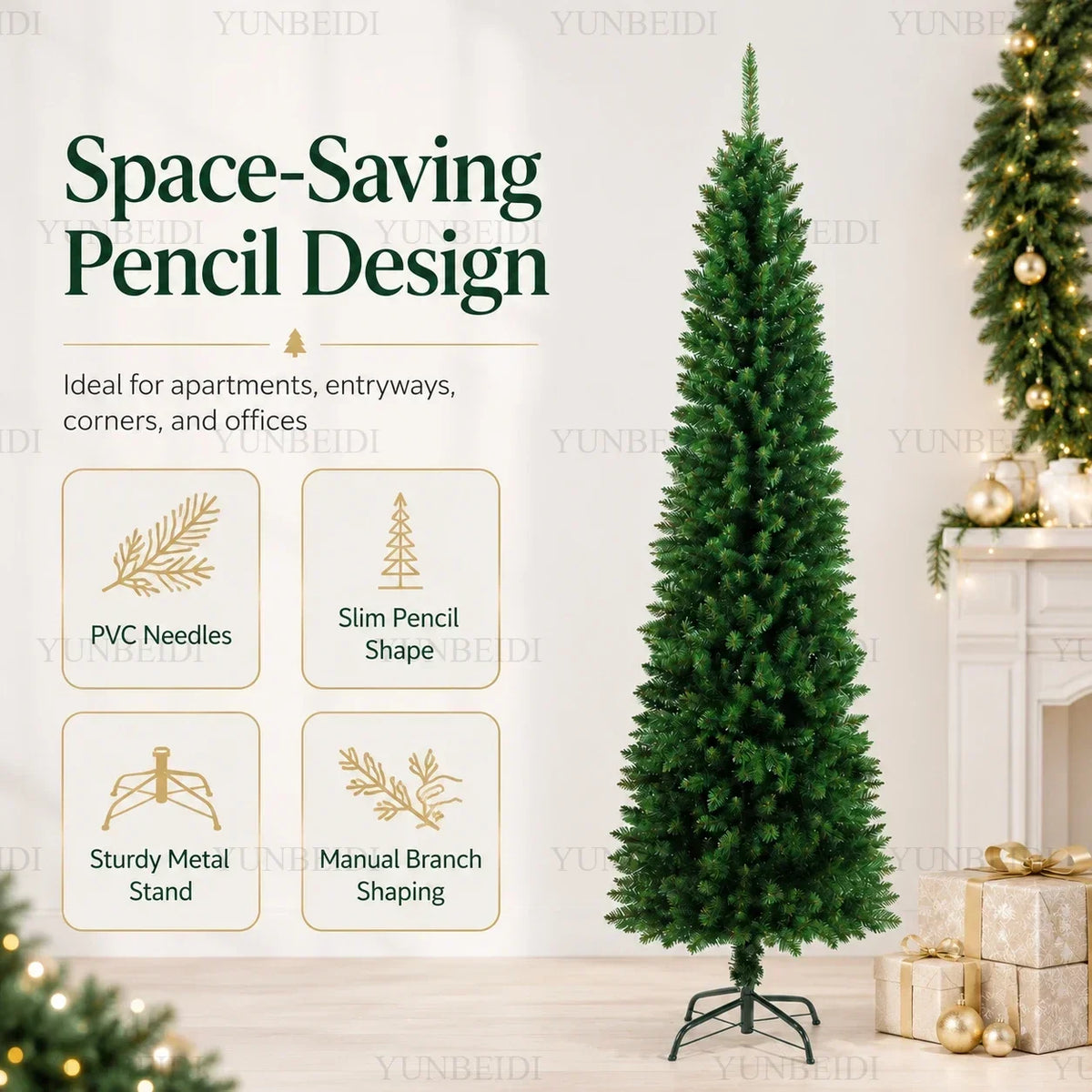 Slim Pencil Artificial Christmas Tree with Metal Stand, 120–210 cm Green PVC Tree with Optional Warm White USB Lights