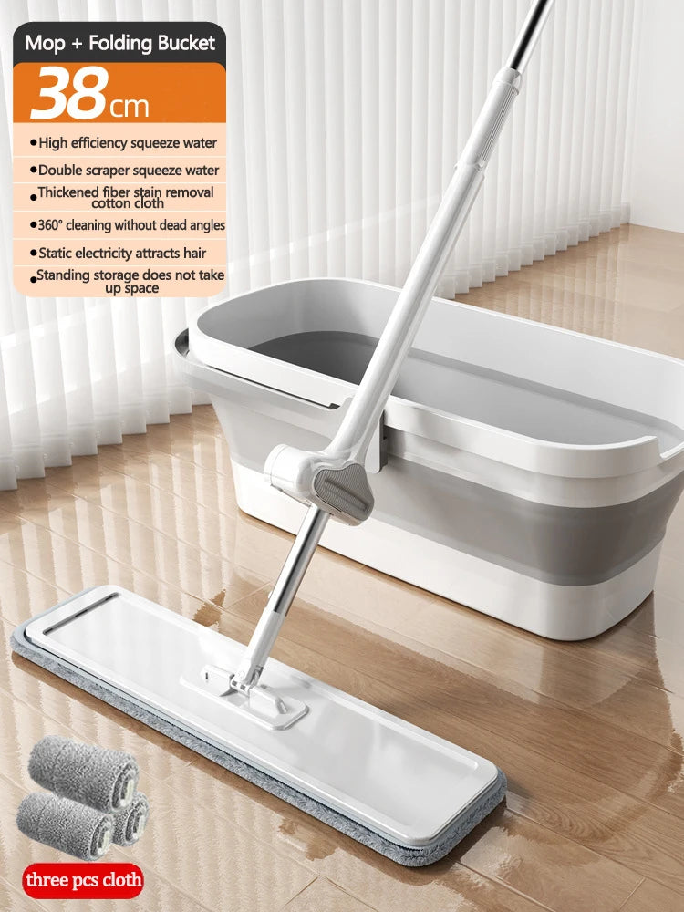 38 cm Microfibre Flat Mop and Folding Bucket Set with 360° Rotating Head
