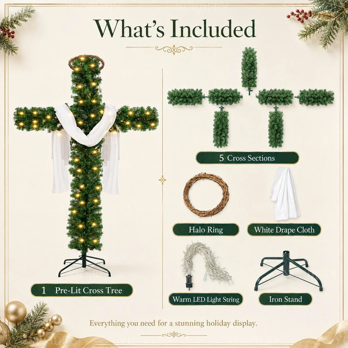 Cross-Shaped Artificial Christmas Tree with Metal Stand, 150 or 180 cm Green PVC Religious Holiday Decoration with Optional USB Lights