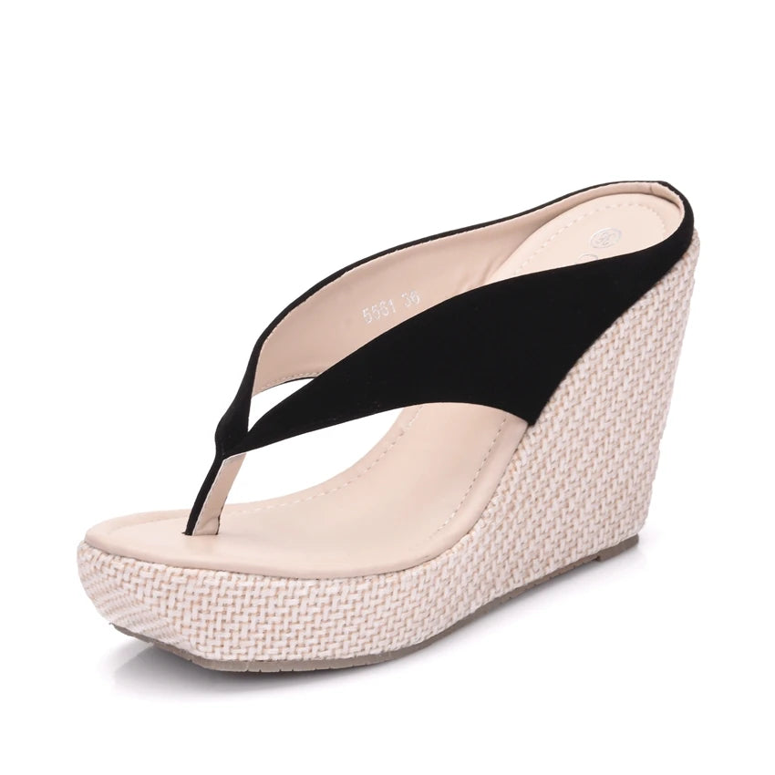 Women’s Platform Wedge Flip Flops – High Heel Beach Sandals, Boho Style, White & Pink