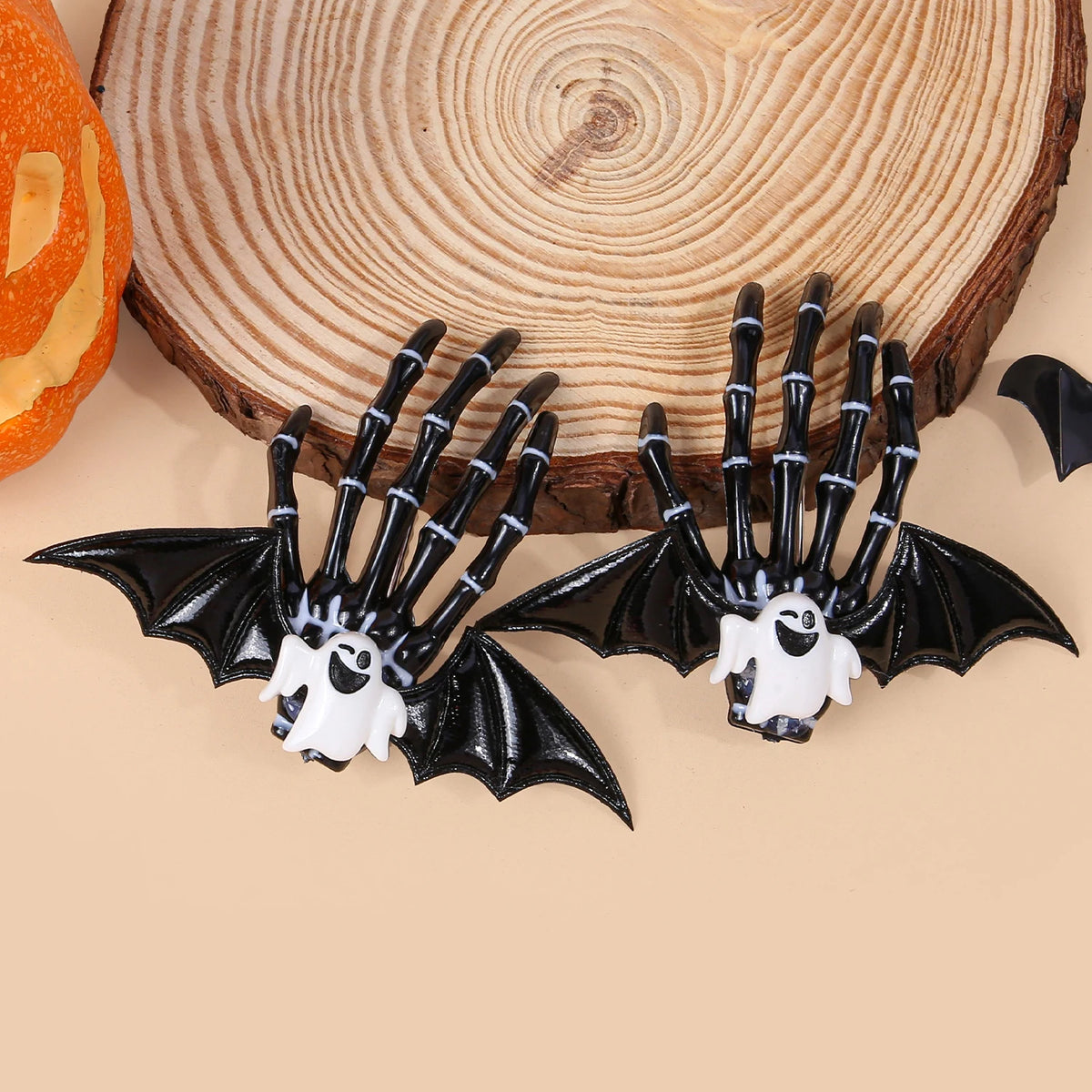 Halloween Skeleton Hand Hair Clips with Bat Wings, Pumpkin and Ghost Details for Gothic Hairstyles, Cosplay Costumes and Themed Parties