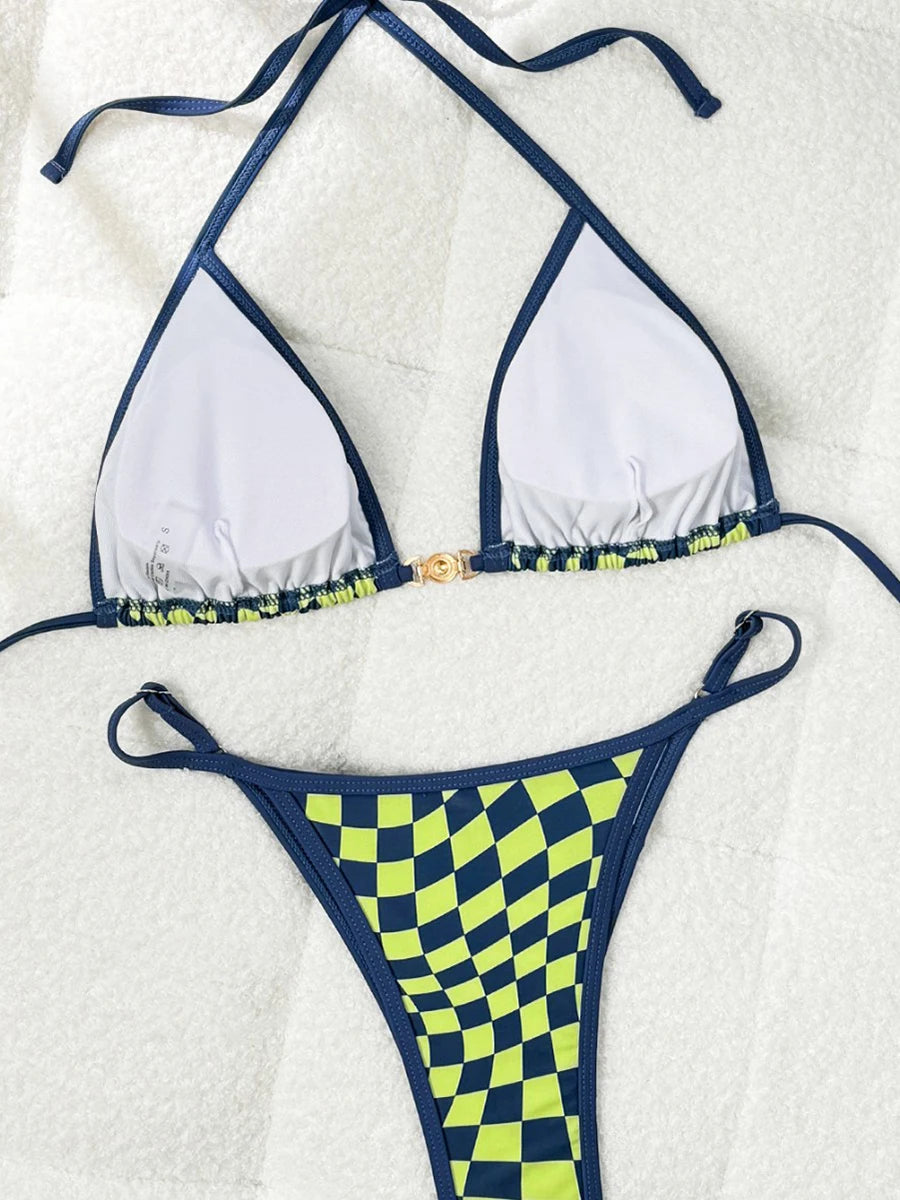 Women’s Two-Piece Bikini Swimsuit, Plaid Swimwear with Ring Detail and High-Leg Design