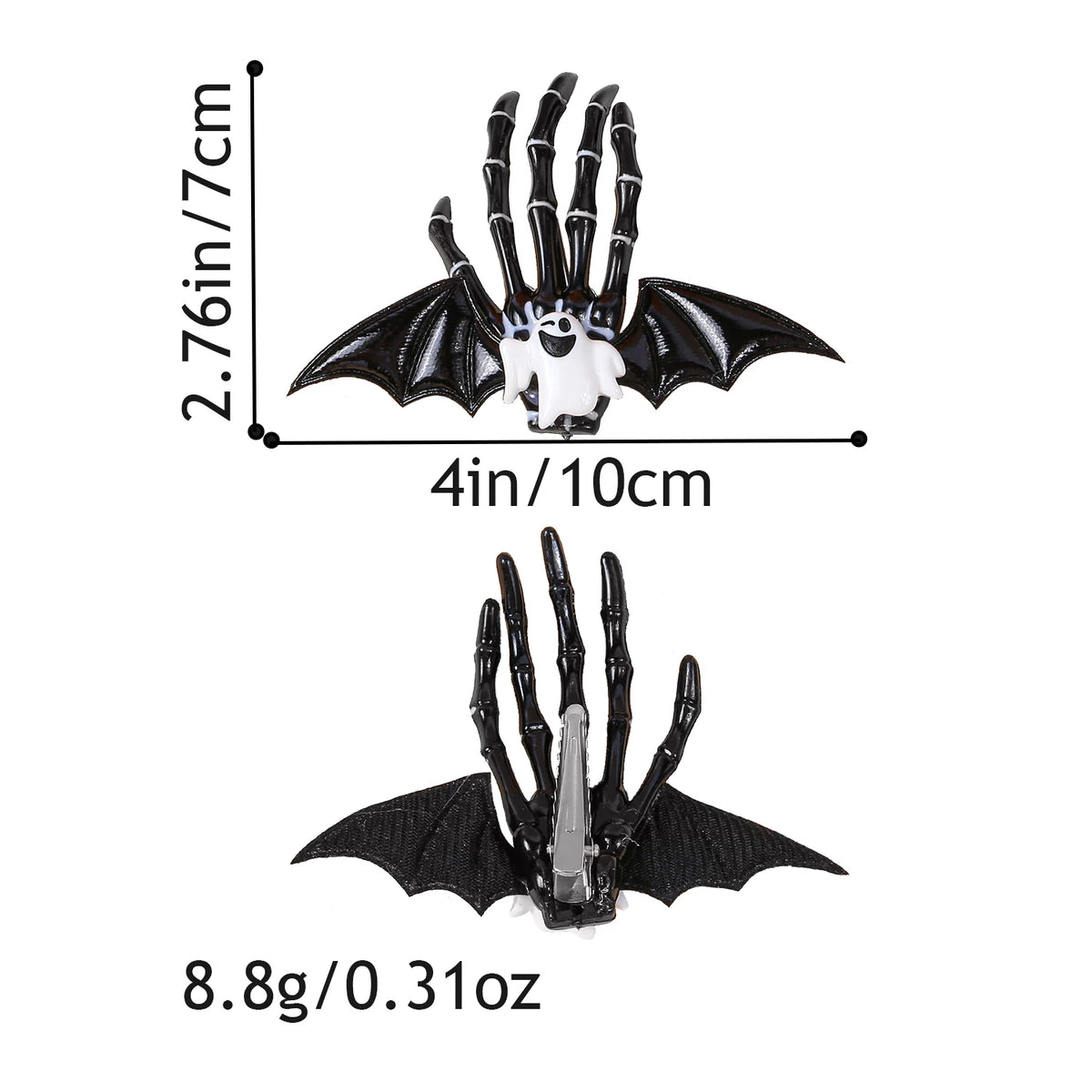 Halloween Skeleton Hand Hair Clips with Bat Wings, Pumpkin and Ghost Details for Gothic Hairstyles, Cosplay Costumes and Themed Parties