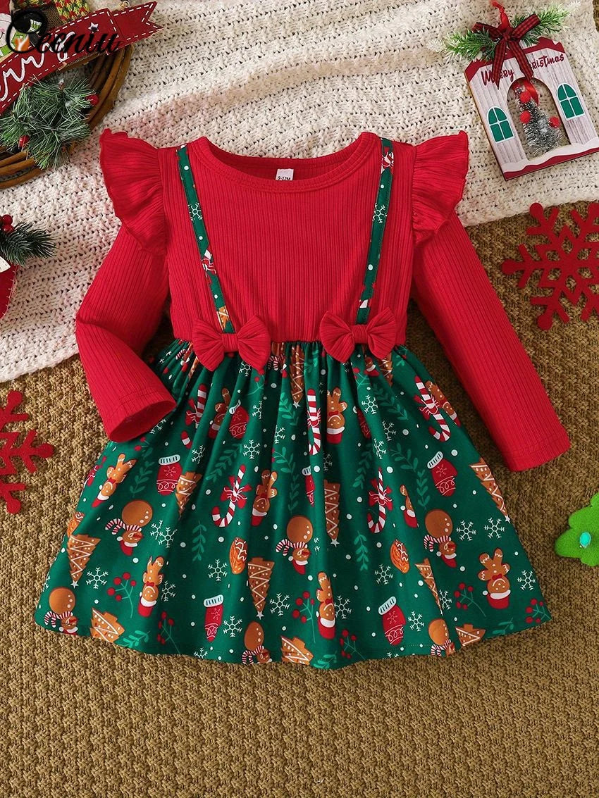 Baby Girl New Year Dress – Green Christmas Tree Print Outfit, “My First New Year” Costume for Newborns & Toddlers