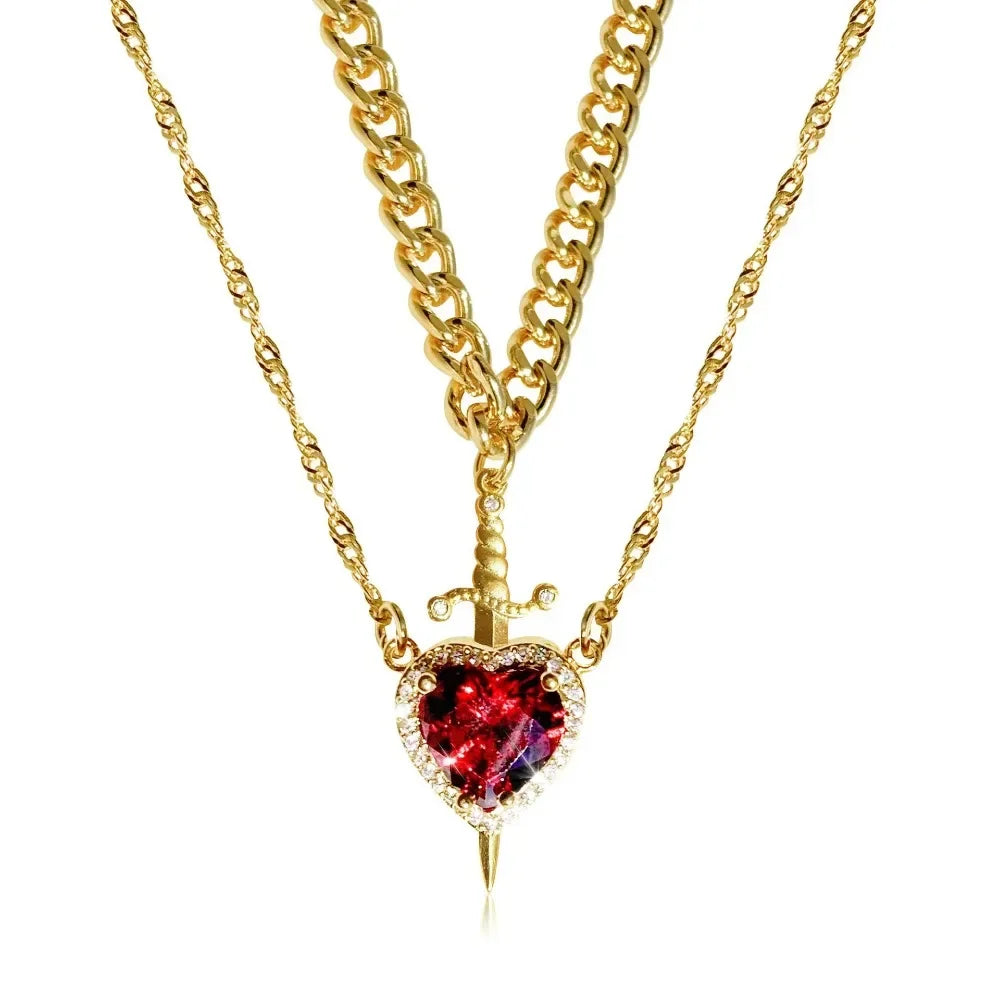 Snow White Inspired Heart & Sword Couple Necklace – Romantic Pendant Jewelry Gift for Women
