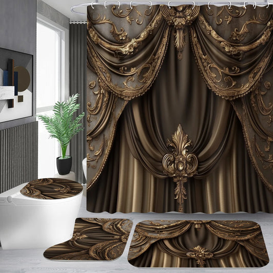 Luxury European-style Shower Curtain Set | Vintage Gold Pattern, Includes Bath Mat & Toilet Lid Cover, 4-Piece Set