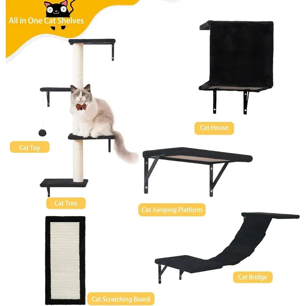 5-Piece Wooden Cat Wall Furniture Set with House, Bridge, Tree, Steps & Scratcher – Black