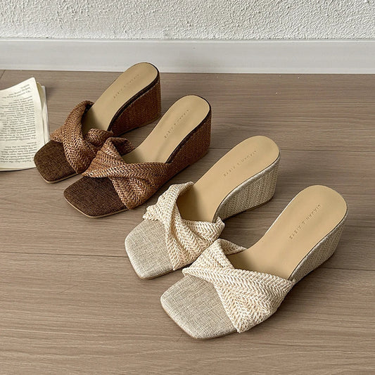 Women’s Designer Weave Wedge Slides – Open Toe Height Increase Summer Sandals, Fashion Outdoor Slip-On Dress Shoes