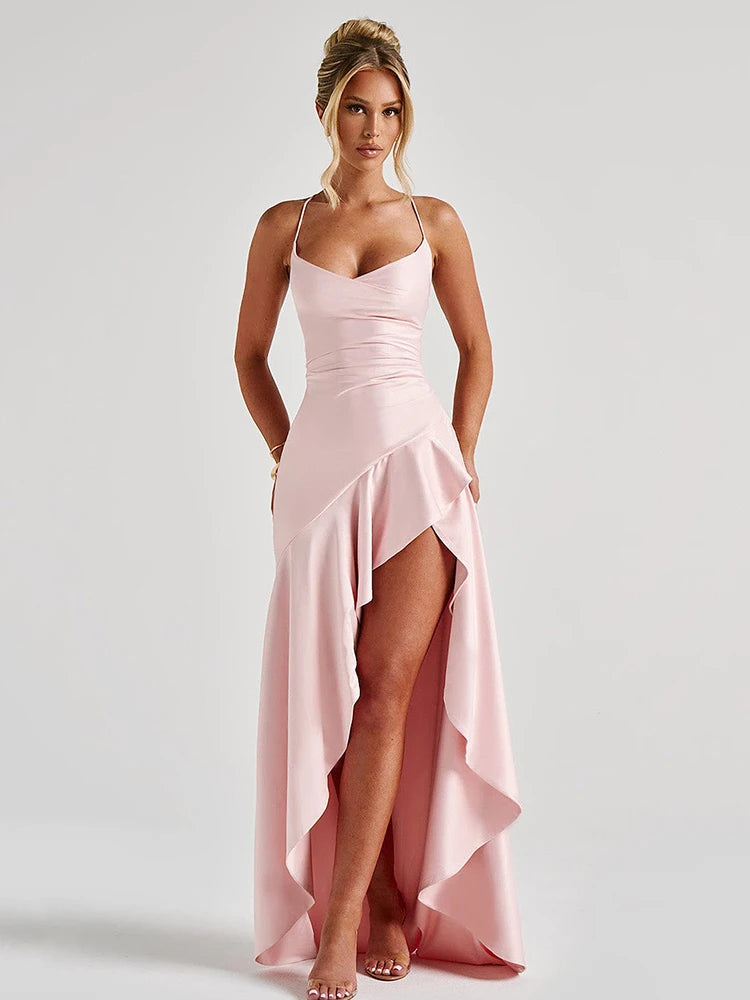 Elegant Spaghetti Strap Satin Split Maxi Dress for Women – Sexy Backless Bodycon Party & Evening Dress, Perfect for Summer Holidays & Beachwear
