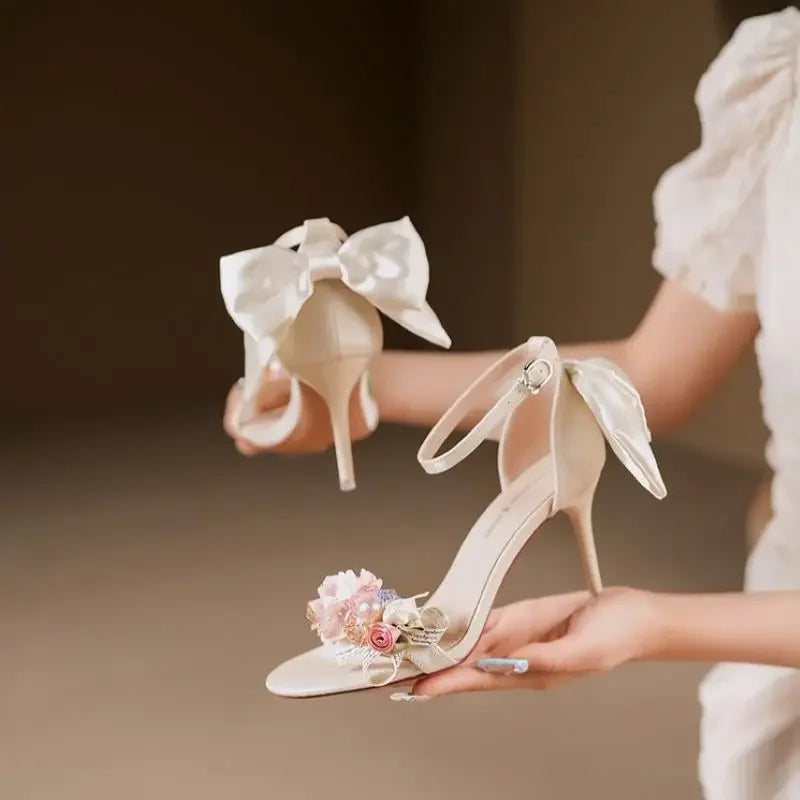 Women’s Open Toe High Heel Sandals – Satin Flower Bow, Buckle Strap, Elegant Dress & Wedding Shoes