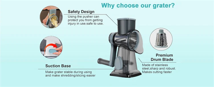 3-in-1 Rotary Cheese Grater – Manual Vegetable Slicer and Nut Grinder with Stainless Steel Blades