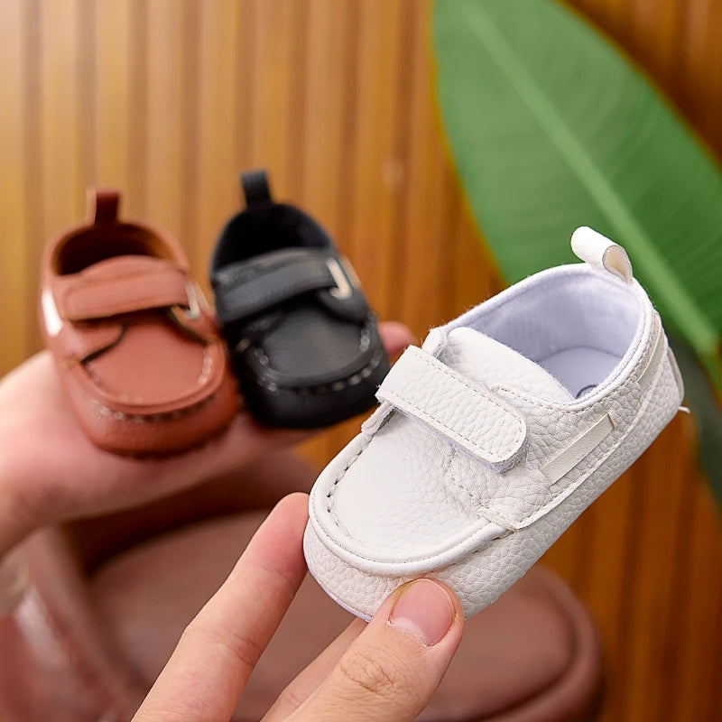 Baby Soft-Sole Loafer Shoes with Hook-and-Loop Straps, PU Leather Prewalker Moccasin Style