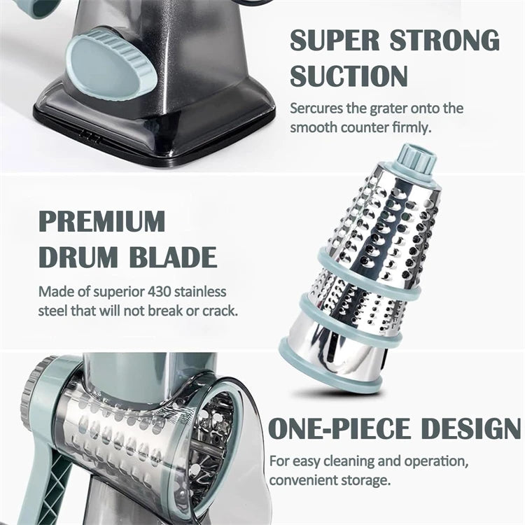 3-in-1 Rotary Cheese Grater – Manual Vegetable Slicer and Nut Grinder with Stainless Steel Blades