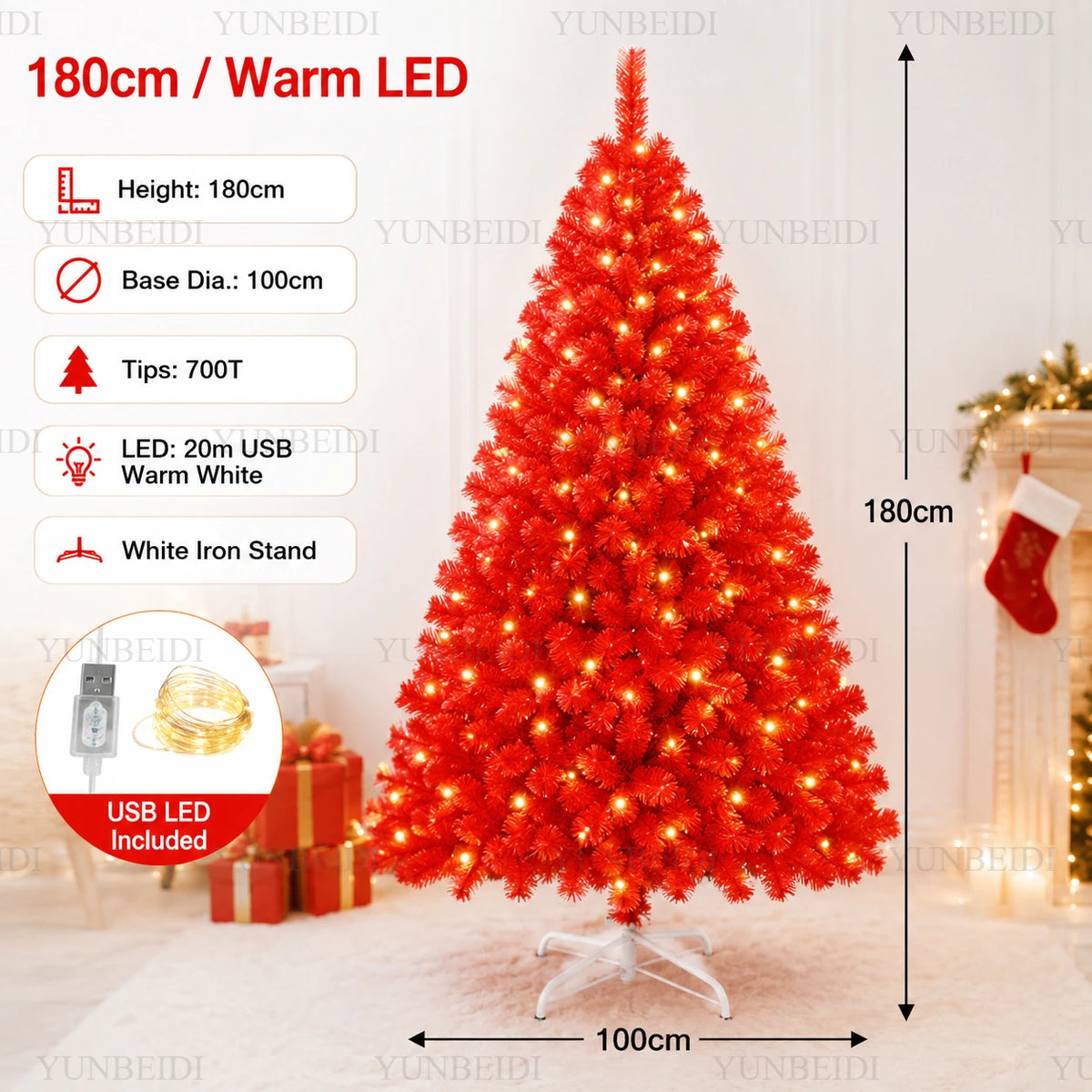 Red Artificial Christmas Tree, 120–240 cm PVC Holiday Tree with Optional Warm White USB LED Lights for Indoor Decorating