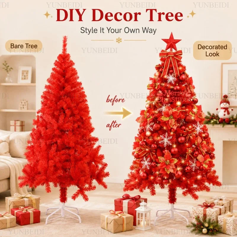 Red Artificial Christmas Tree, 120–240 cm PVC Holiday Tree with Optional Warm White USB LED Lights for Indoor Decorating
