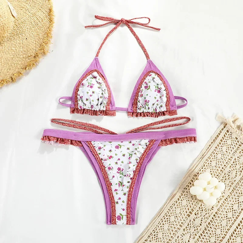 Women’s Printed Bikini Set – Halter Backless Swimwear, Beachwear, Biquini